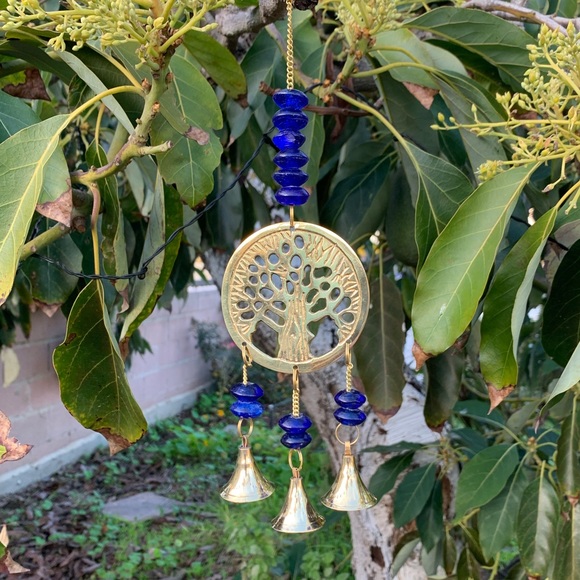 Cobalt Blue Tree of Life Small Wind Chime Sun Catcher Glass Beads & Brass Bells - Picture 5 of 10
